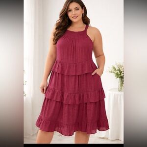 NWT GRACE + KARMA burgundy Ruffled Tiered Dress Size 2X boho midi romantic